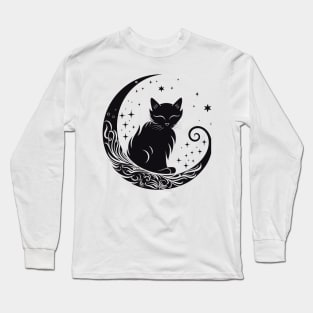 Cat Under Moon Sky Furry Cute Vector Graphic Long Sleeve T-Shirt